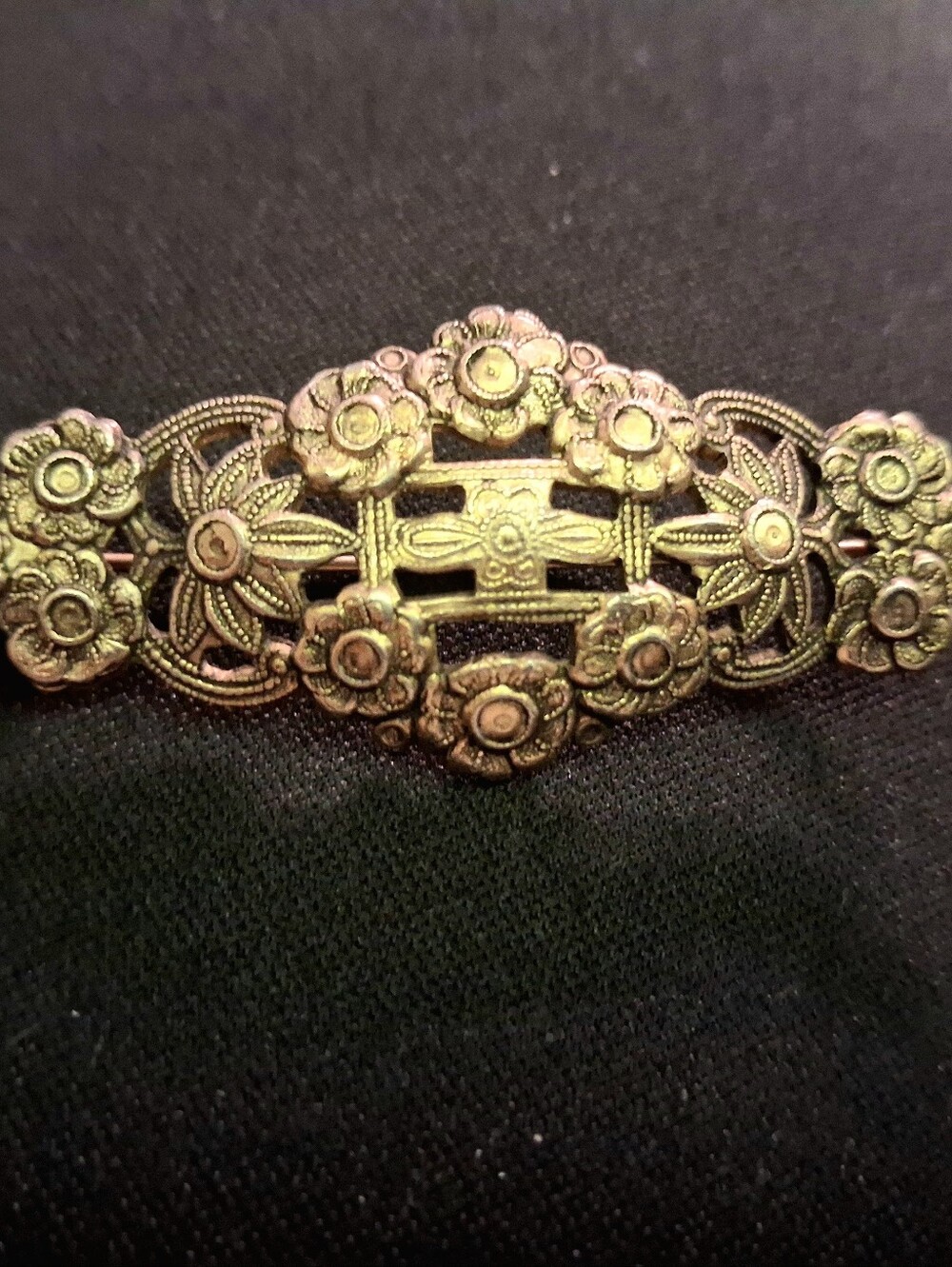 Vintage Floral Cutout Bar Brooch Antique Style Brass Gold Tone Pin